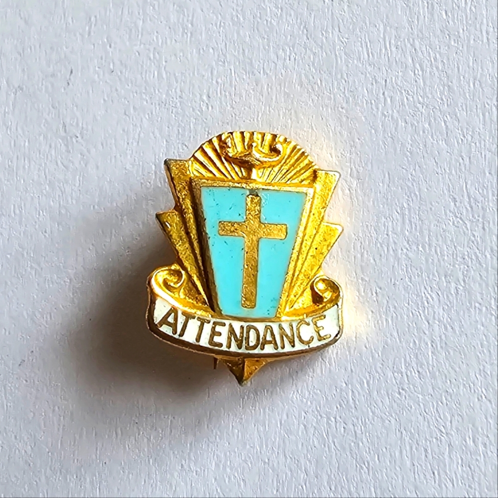 Vintage Sunday School attendance pin Blue enamel religious christian brooch
